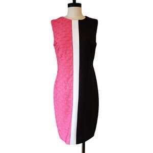 Maggy London Dress Womens 8 Bodycon Pink Black White Striped Midi Sleeveless